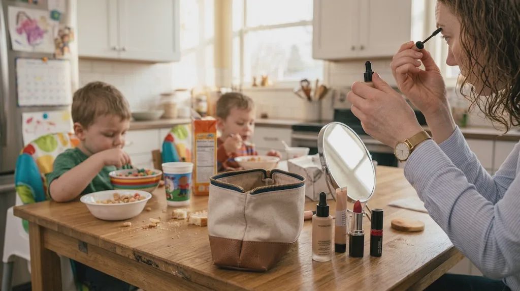 Mother applying makeup at the breakfast table while her two children eat cereal beside her