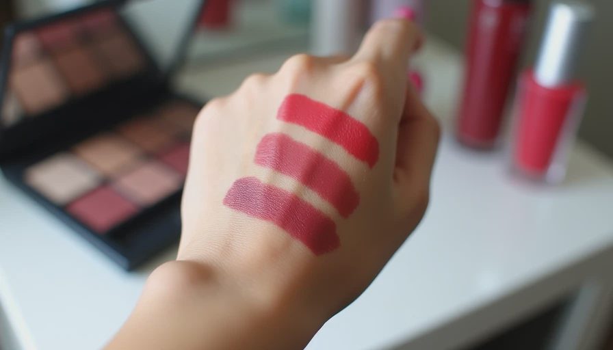 Swatching four office appropriate lipstick shades on the back of a hand in natural daylight