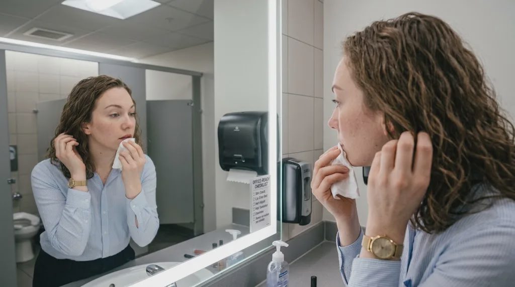 Woman checking her office makeup routine in a mirror under fluorescent office light