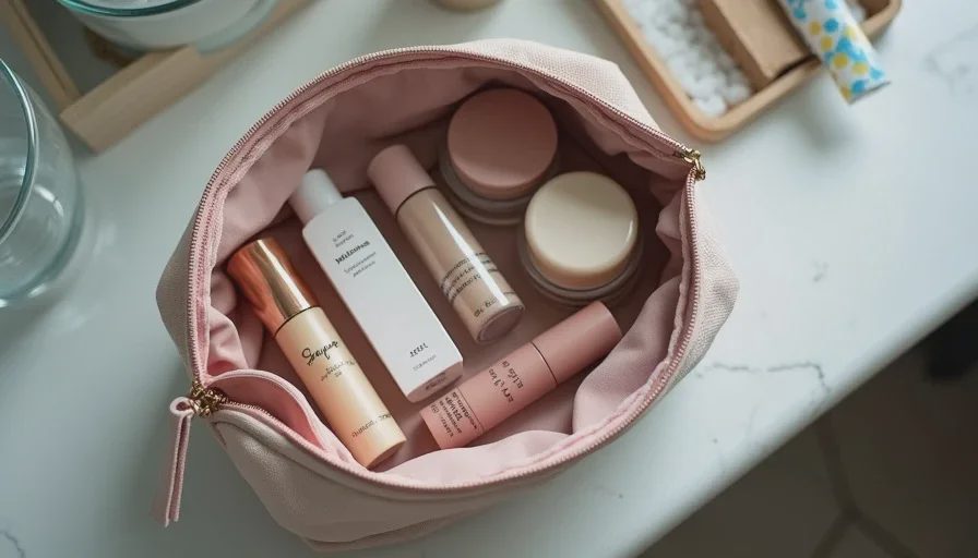 A minimal everyday makeup bag spread on a bathroom counter with tinted moisturizer, concealer, and cream blush for an office makeup routine