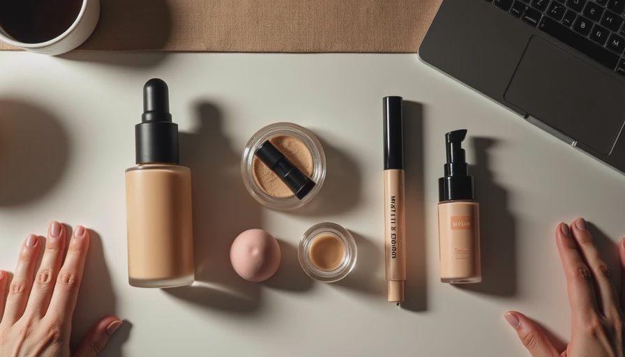 Flat lay of different concealer textures compared on an office desk under fluorescent light