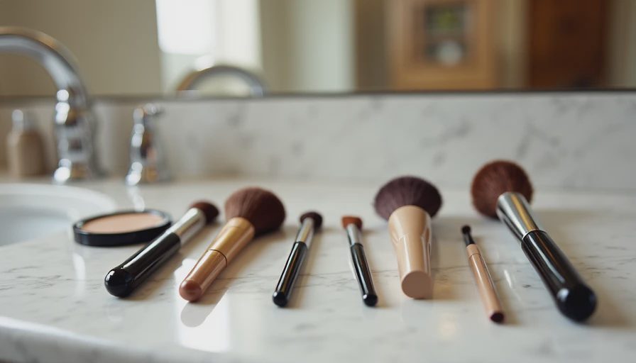 seven work makeup bag essentials laid out on a hotel bathroom sink