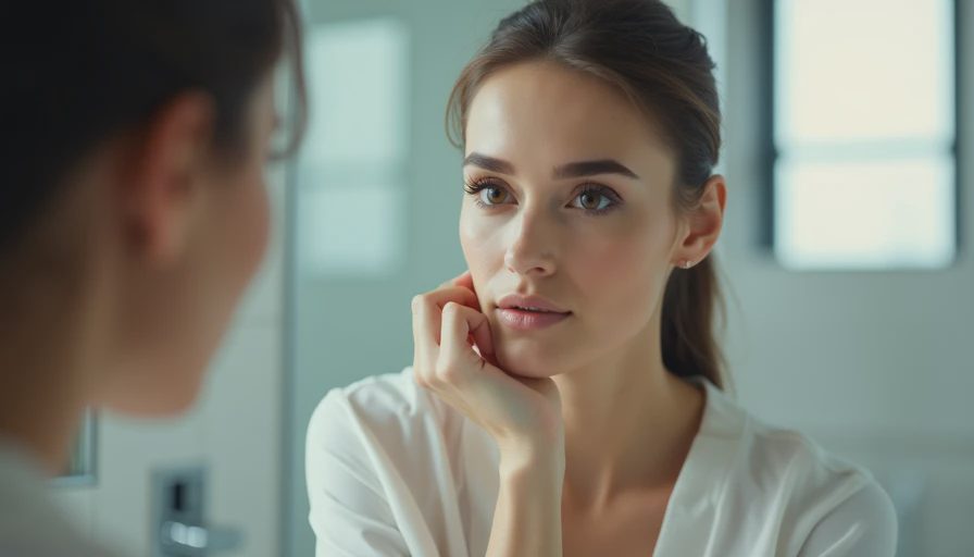 Woman checking mascara for smudges in an office bathroom mirror at 3 p.m.