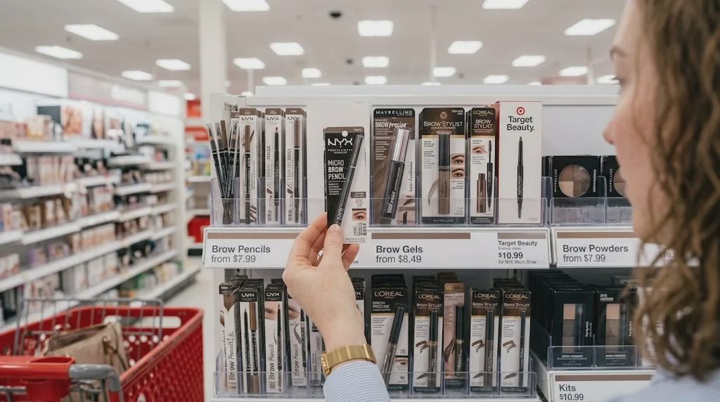 Browsing the Target makeup aisle for brow products as part of a work makeup routine