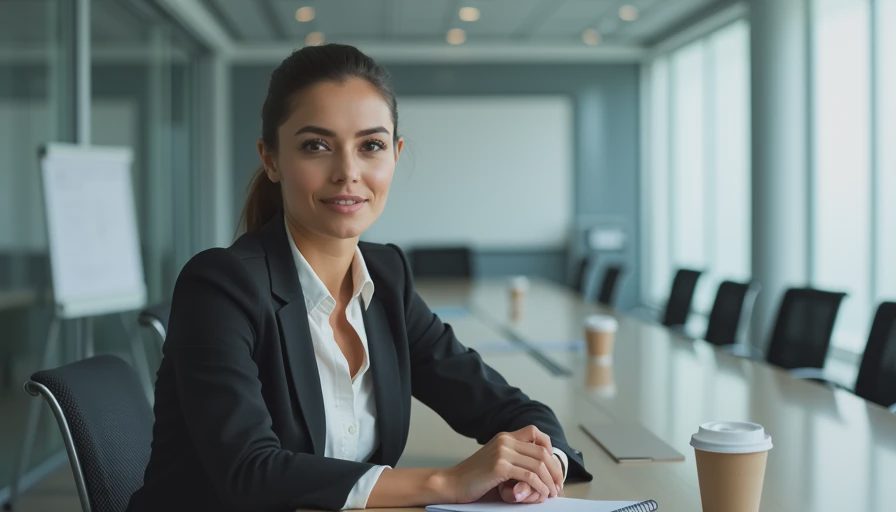 neutral muted eyeshadow look on a professional woman in a conference room