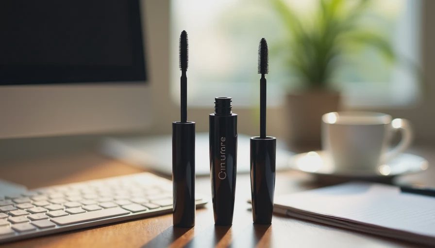 Three mascara formulas — tubing, waterproof, and washable — compared on an office desk for makeup that lasts all workday