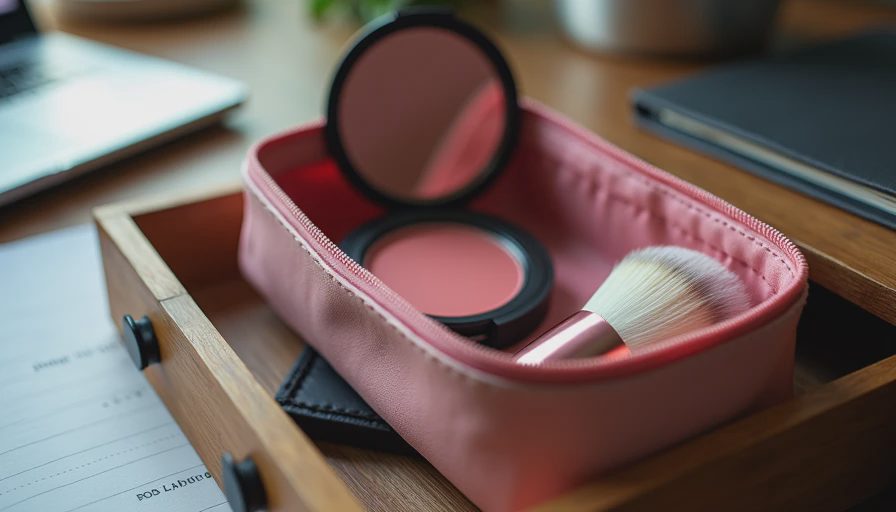 Cream blush in a muted rose shade with a fluffy brush in a work makeup bag