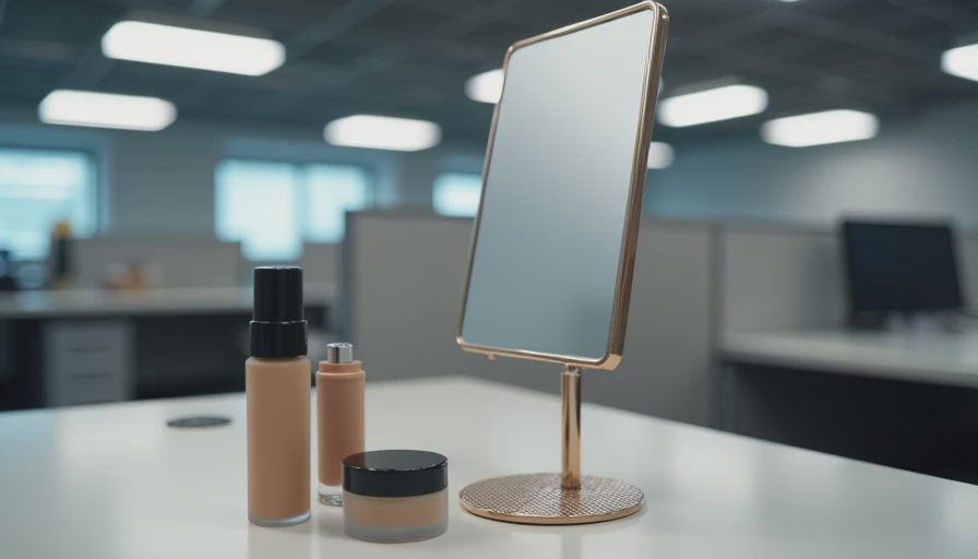 Cream and powder makeup tested side by side on a fluorescent-lit office desk