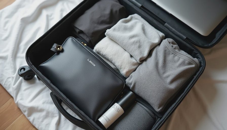 compact makeup bag tucked into a packed carry-on for a work trip