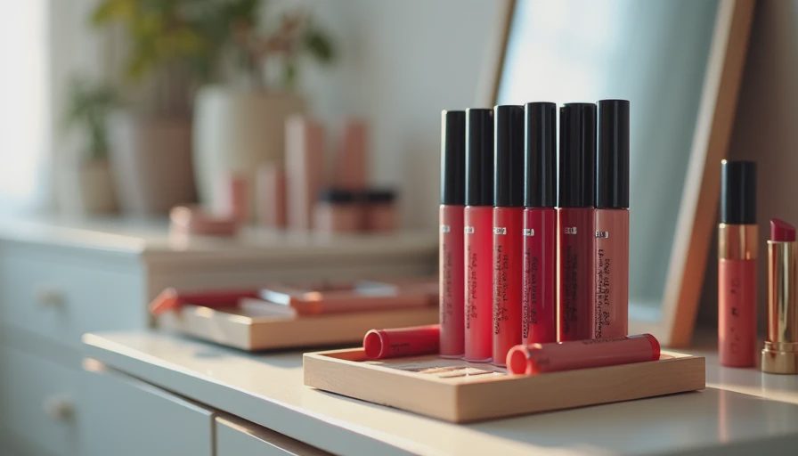 A barely used liquid lip liner set resting on a vanity shelf in morning light, next to one everyday lip tint.