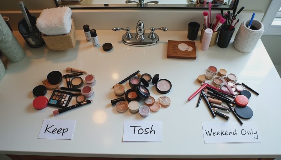 three makeup piles sorted into keep toss and weekend only during a drawer reset