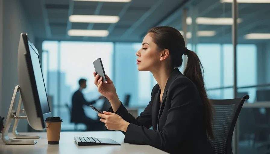 A woman touching up lipstick at her office desk under fluorescent lighting during the workday
