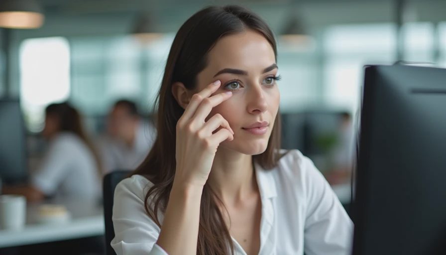 Woman touching up the best concealer for office lighting at her desk during a workday