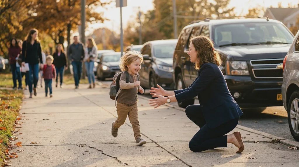 Working mom with makeup that lasts all workday greeting her child at school pickup