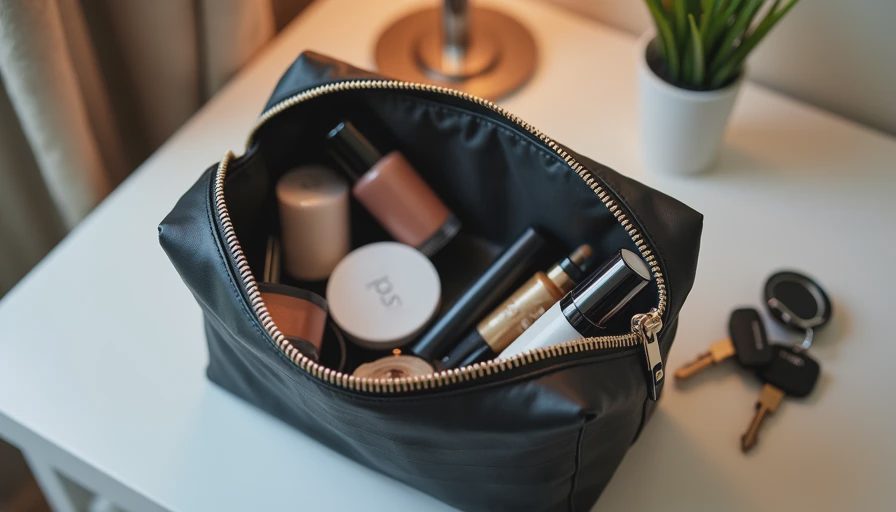 compact work makeup bag essentials packed for a weekday commute