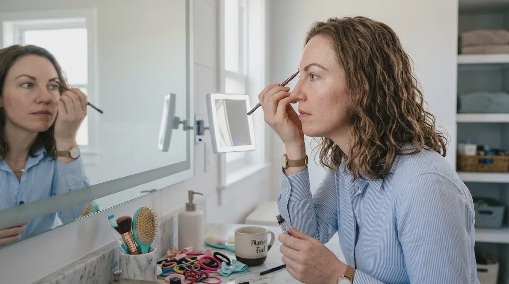 Drawing brows with a drugstore brow pencil during a busy work morning