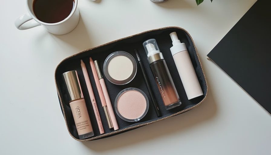 tidy work makeup bag with concealer brow pencil cream blush mascara and setting products in order
