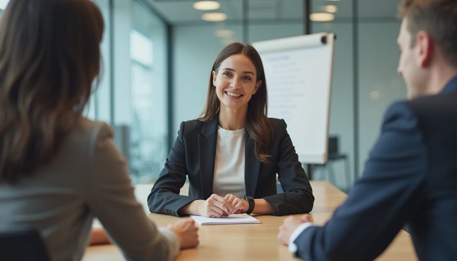 Candidate across the interview table wearing natural office makeup in a corporate conference room