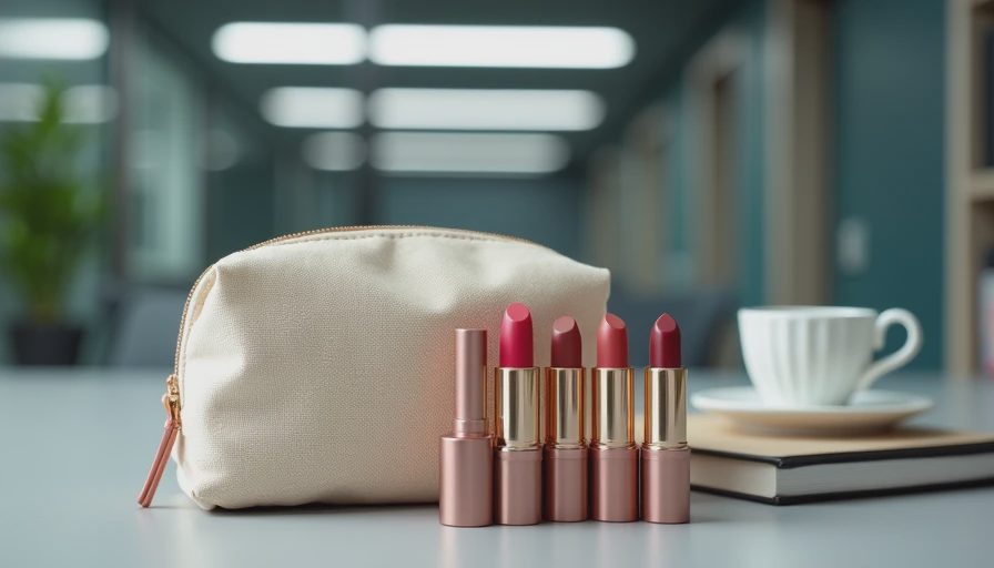 Four work-appropriate lipstick shades laid out on an office desk next to a coffee cup and notebook