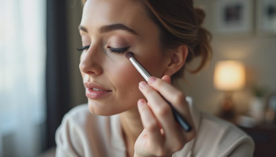 applying a muted taupe matte eyeshadow with a brush in front of the mirror before work