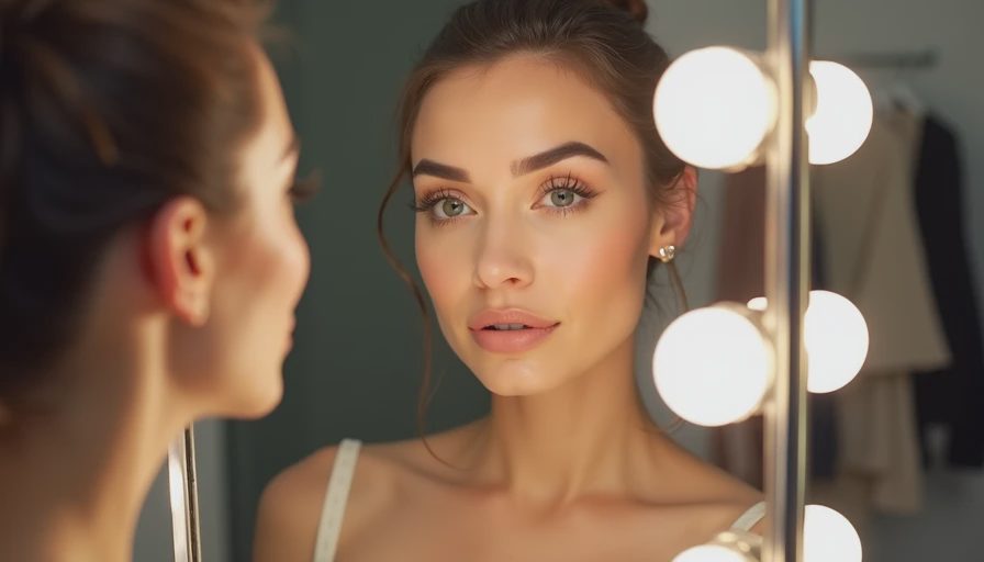 Close-up of a soft glam look with layered base, contour and highlight at the vanity mirror