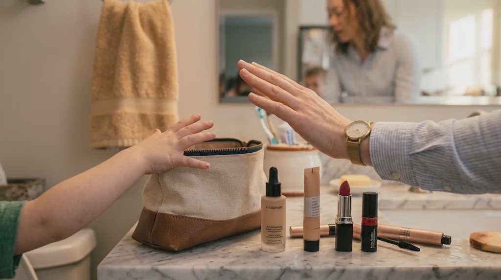 Open makeup bag on the bathroom counter with a small child's hand reaching toward it during a busy morning