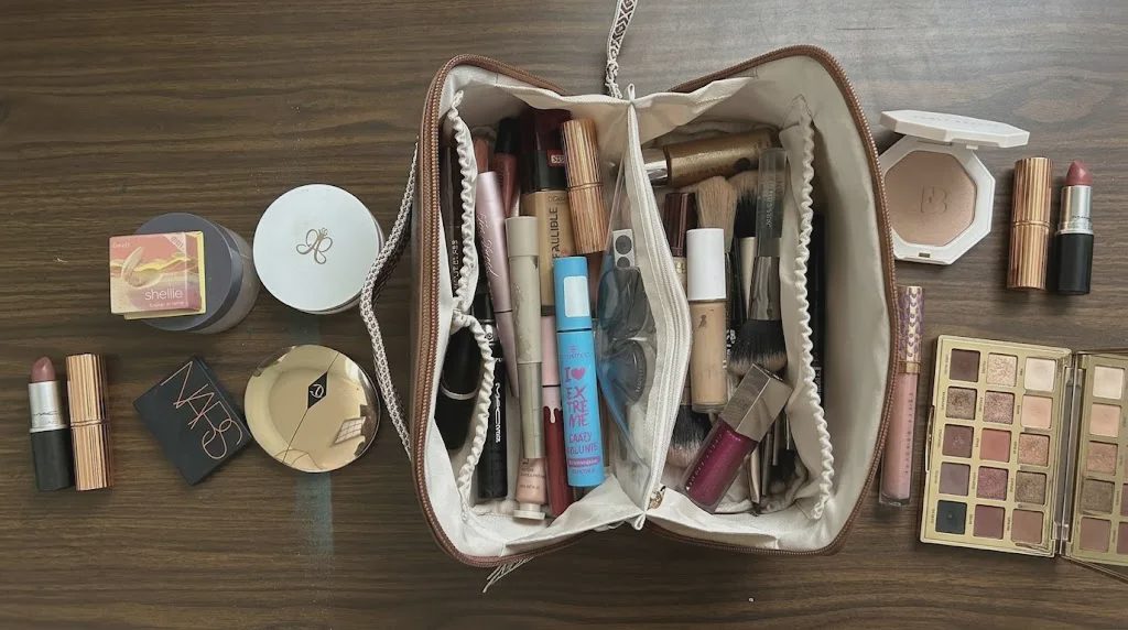 makeup brush case clear TPU compartment in blue makeup bag