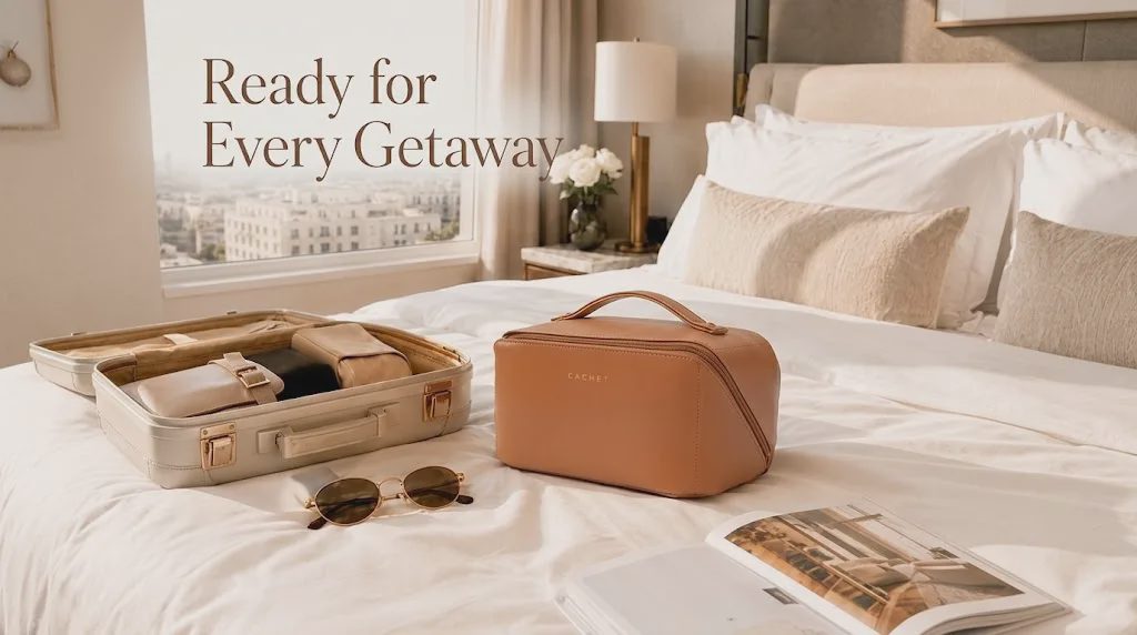 makeup bag holding shape on bed