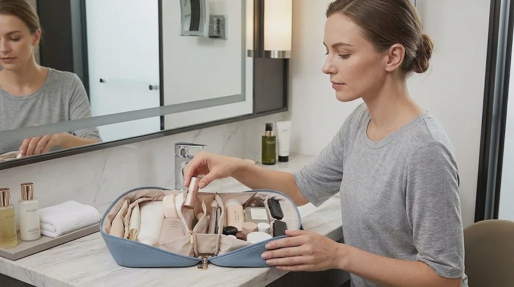 travel makeup bag opened flat for easy access on a work trip